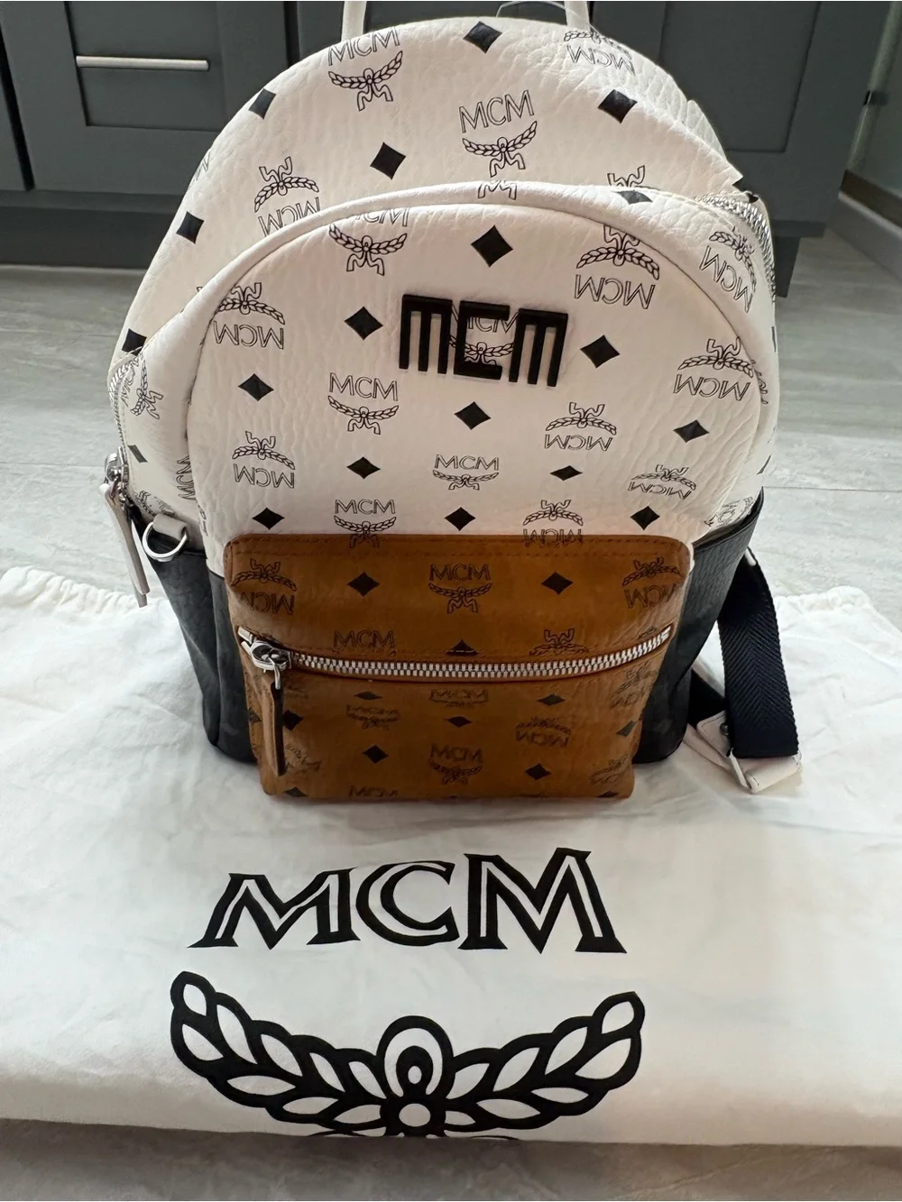 MCM White, Cognac & Black Visetos Logo Backpack